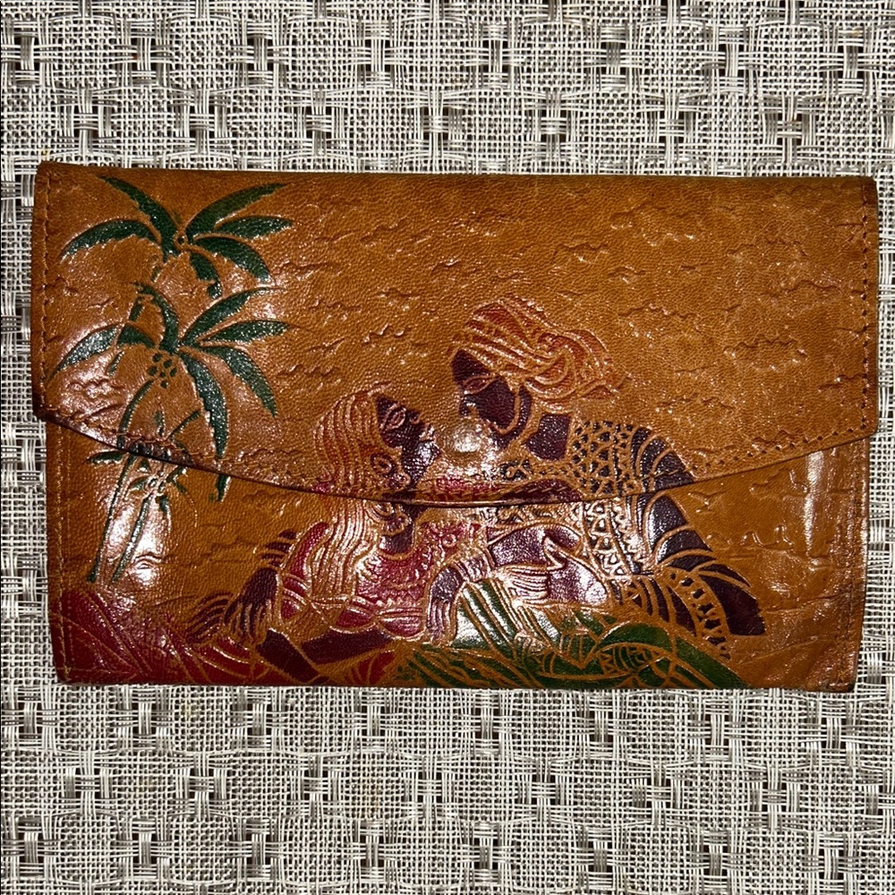 Artistic Brown Leather Clutch with Cultural Design